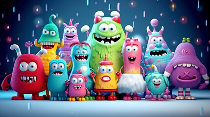 Fototapeta premium CHRISTMAS CARD WITH HAPPY, FUNNY, CARTOON MONSTERS, legal AI 