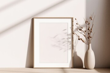 vertical frame mockup in minimalist boho interior with dry plant, Generative AI