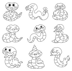 Cute happy snake cartoon. Coloring Page. Kawaii python, wild exotic animal characters. Hand drawn style. Vector drawing. Collection of design elements.