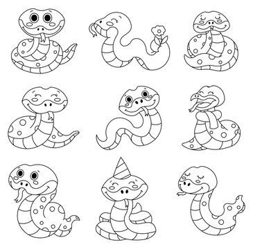 Cute happy snake cartoon. Coloring Page. Kawaii python, wild exotic animal characters. Hand drawn style. Vector drawing. Collection of design elements.