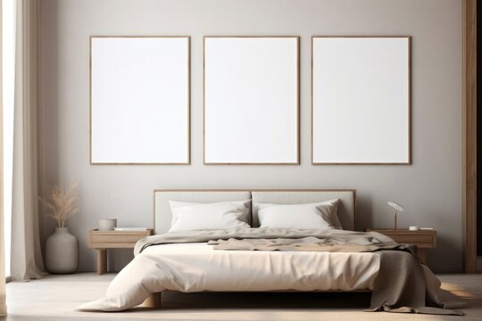 Frame mockup in modern bedroom interior, 3d render, Generative AI