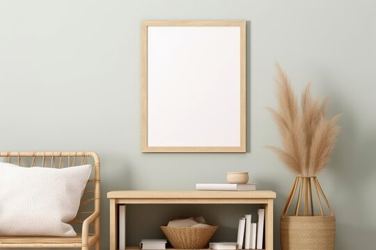 frame mockup in boho living room interior, poster mockup, 3d render, Generative AI