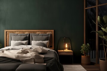 Cozy dark bedroom interior with bed and pillows, 3d render, Generative AI