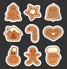 Christmas gingerbread cookies. Sticker Bookmark. Homemade baking. Hand drawn style. Vector drawing. Collection of design elements.