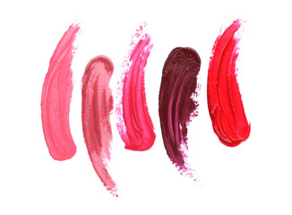 Different lipstick strokes on white background, top view