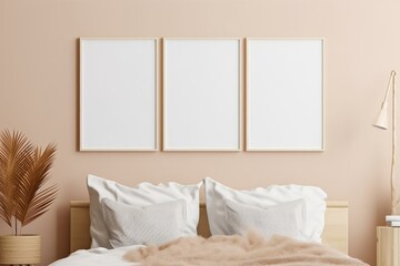Fototapeta na wymiar gallery frame mockup in modern boho bedroom interior, poster frame mockup, 3d render, Generative AI