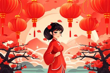 Chinese girl in traditional red dress with lanterns and trees. 