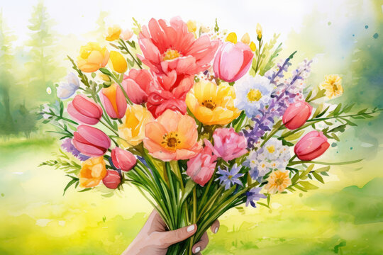 Watercolor illustration of female hand with bouquet of spring flowers