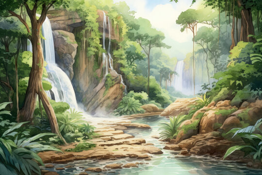 Watercolor illustration of waterfall in rainforest