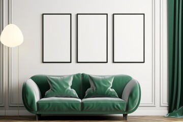 Three frames mockup with green sofa in a modern interior room, 3d render, Generative AI