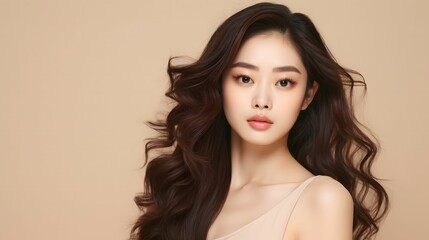 Naklejka premium young asain women curly long hair perfect skin show copy space on her hand on isolated beige background