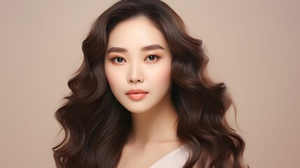 Naklejka premium young asain women curly long hair perfect skin show copy space on her hand on isolated beige background