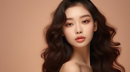 young asain women curly long hair perfect skin show copy space on her hand on isolated beige background