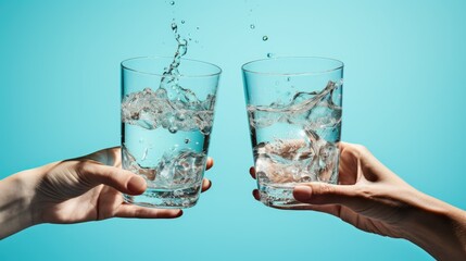 Two glasses of clean water on blue lights background. Celebration concept free from alcohol. dry...