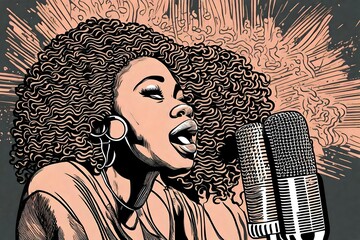 A black and white line drawing of a black african american woman singing in a nightclub