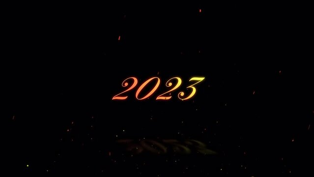 炎とともに現れたり消えたりする文字「2023」背景透過。