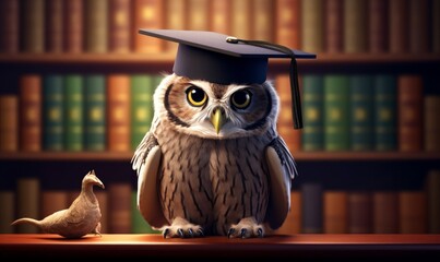 Wise owl wearing graduation cap and glasses against a stack of books on a table in a library among the shelves,  Generative AI