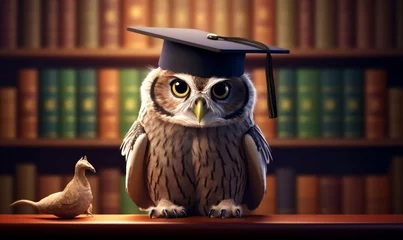Photo sur Aluminium brossé Dessins animés de hibou Wise owl wearing graduation cap and glasses against a stack of books on a table in a library among the shelves,  Generative AI
