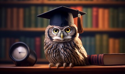 Wise owl wearing graduation cap and glasses against a stack of books on a table in a library among the shelves,  Generative AI