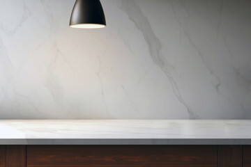Empty white marble table top with black lamp and wall white marble background. High quality photo
