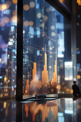 Screen with financial graphs reflected from the glass with building background - obrazy, fototapety, plakaty
