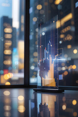 Screen with financial graphs reflected from the glass with building background