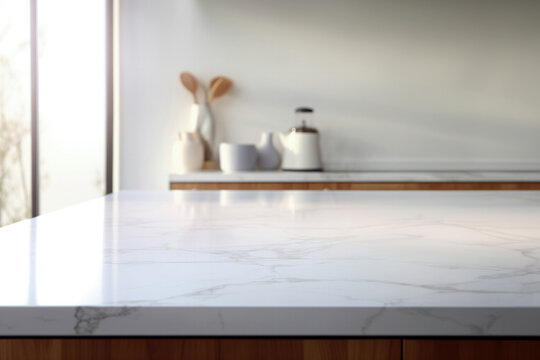 Closeup of white marble countertop in modern kitchen and sunlight from window blurred background. High quality photo