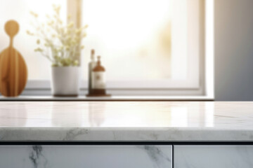 Fototapeta na wymiar Empty white marble table in modern kitchen interior with window in background. High quality photo