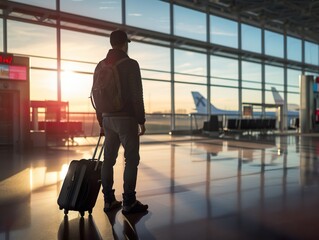 travel at the airport with backpack walking at the gate airport and excited man with passport  journey and flight schedule search for traveler enjoy trip and holiday - Powered by Adobe