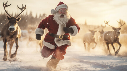 Santa's Merry Dash with Reindeer in Snow