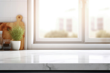 Empty white marble countertop in modern kitchen interior with sunlight from window background. High quality photo