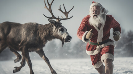 Santa's Merry Dash with Reindeer in Snow
