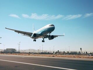Airplane taking off from the airport. Passenger plane fly up over take-off runway from airport.