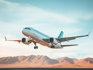 Fototapeta premium Airplane taking off from the airport. Passenger plane fly up over take-off runway from airport.