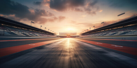 F1 race track circuit road with motion blur and grandstand stadium for Formula One racing