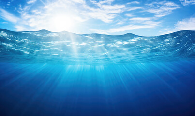 Underwater view of sea surface with sunbeams and blue sky. High quality photo