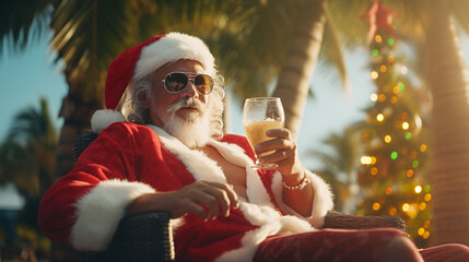 Santa Relaxing with a Drink in Tropical Paradise