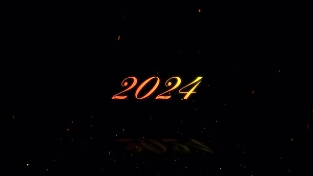 炎とともに現れたり消えたりする文字「2024」背景透過。