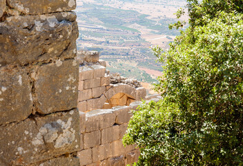 Ruins  of towers and fortress walls of the medieval fortress of Nimrod - Qalaat al-Subeiba, located...