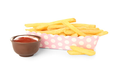 Paper box with tasty french fries and bowl of ketchup isolated on white background