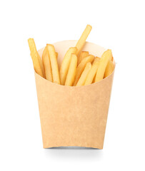 Paper box with tasty french fries isolated on white background