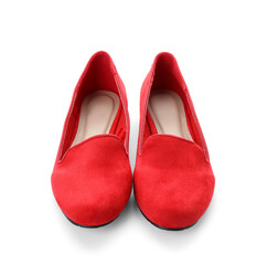 Stylish red ballet flats on white background