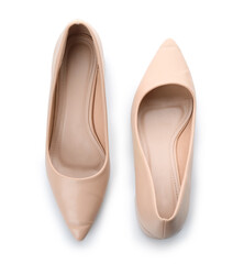 Stylish beige high heels on white background