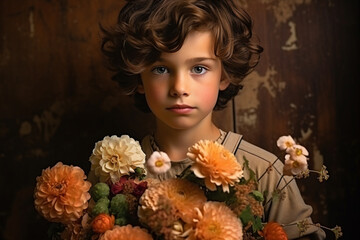 portrait of a child with a bouquet of flowers