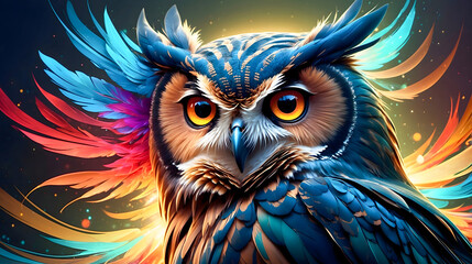 Whimsical image of a curious owl adorned in a spectrum of rainbow hues.