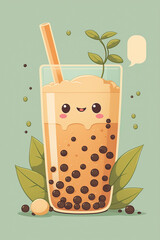 classic Taiwanese drink, Boba or Bubble Milk Tea, served in a plastic cup with a straw. Refreshing for summer.	