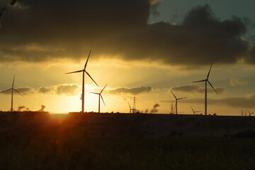 wind turbines with beautiful sunset sky, zorlu energy wind turbines installed in jhampir near gharo sindh Pakistan. renewable energy, green energy