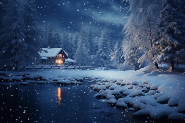 Midnight Serenity: Snowy Winter Lake Scene