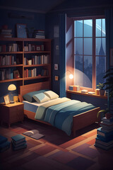 Flat illustration isometric style dark bedroom