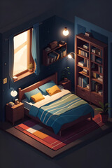 Flat illustration isometric style dark bedroom